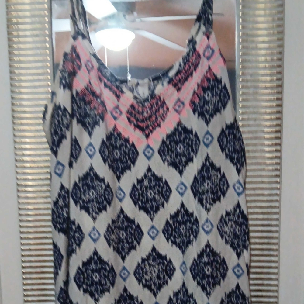 Navy & White Patterned Women's Slip Dress w/ Hot Pink Embroidery